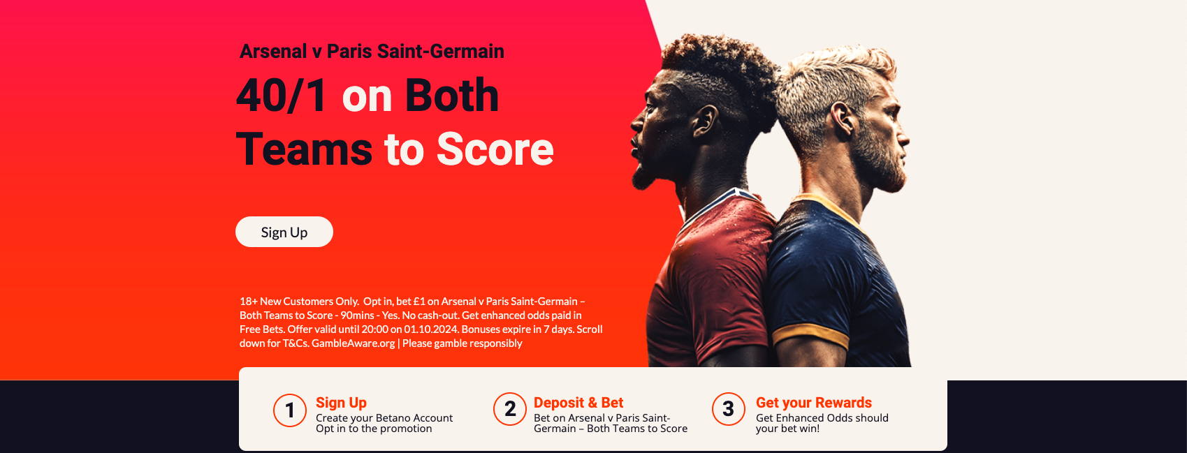 Betano Sign-Up Offer: get 40/1 on BTTS In Arsenal vs PSG